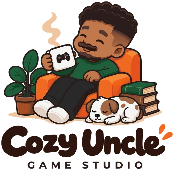 Cozy Uncle game studio: a chibi man with curly hair and a fade, sipping from a game-controller mug in his orange armchair, a dog asleep at his feet