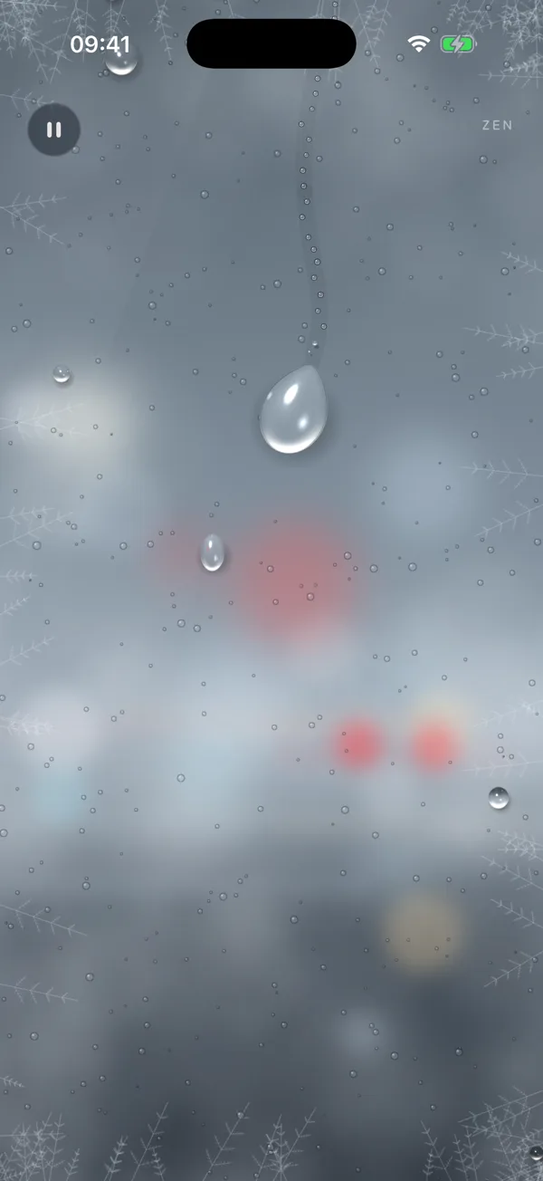 The Frost window: icy glass, soft grey light and a single drop
