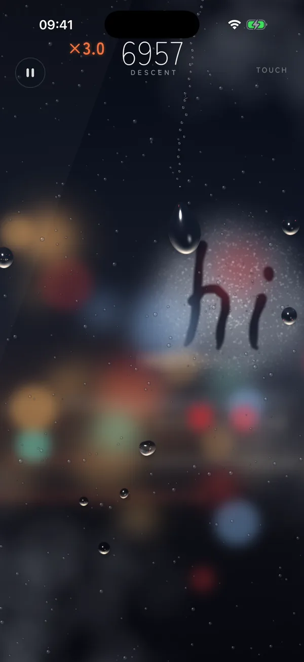 The Night City window: city lights behind the glass and hi written in the fog